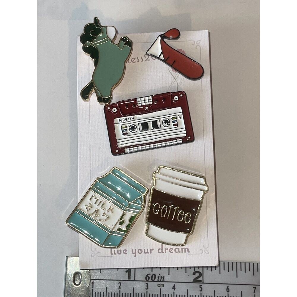 Lot Of 5 Pins Brooches Pin Mask Horse Beaker Science Cassette Coffee Milk Latte